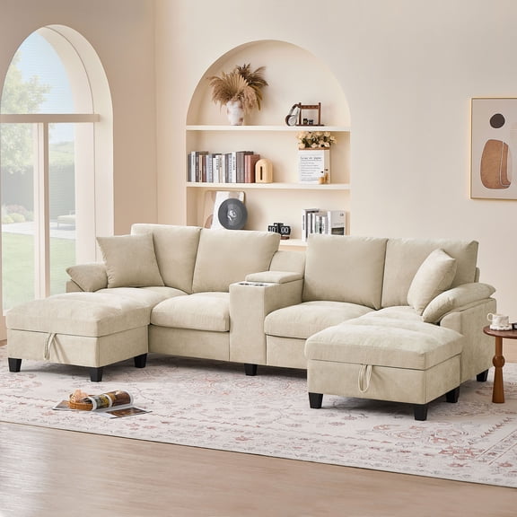 Soscana 116" Chenille Oversized U Shaped Modular Sectional Sofa for Living Room,4 Seater Couch with Multifunctional Console & USB Ports & Cup Holders,Comfy Sofa with Double Chaise and Storage,Beige