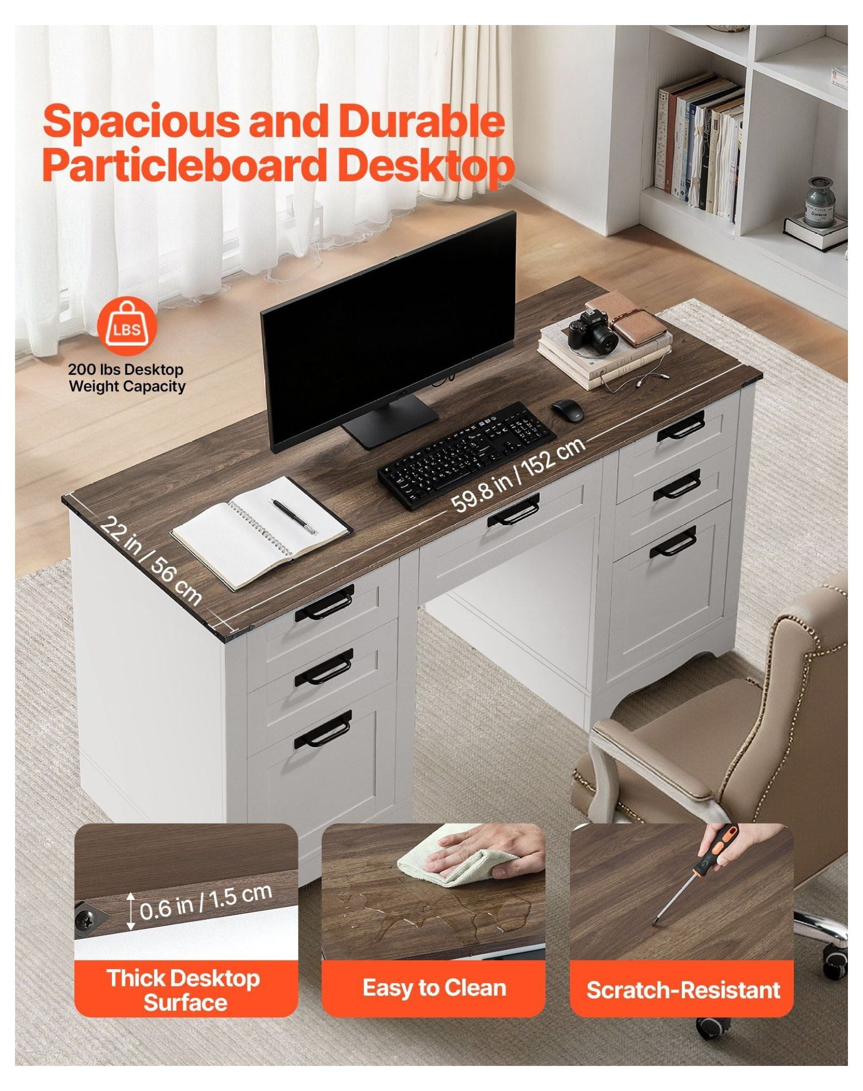 Executive Desk with Charging Station, Farmhouse Office Table