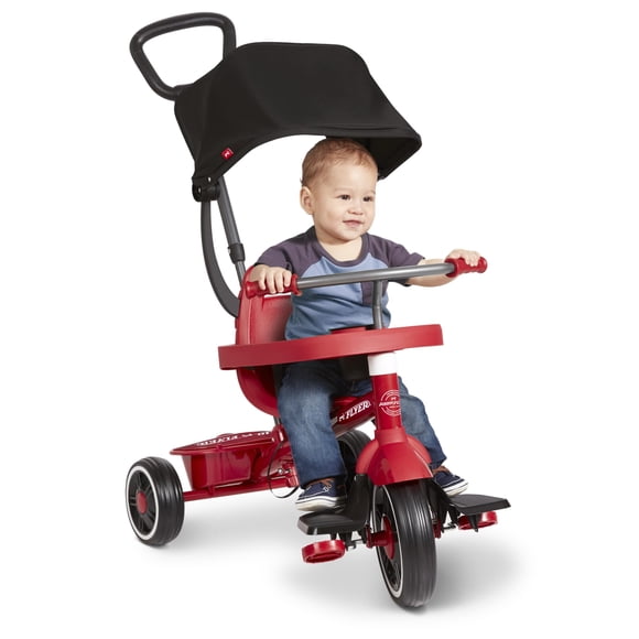 Radio Flyer 4-in-1 Pedal & Push Stroll ’N Trike, Ages 1-5, Toddler Tricycle & Stroller, High-Density Foam Tires, Parent Push Handle, UV Canopy, Rem