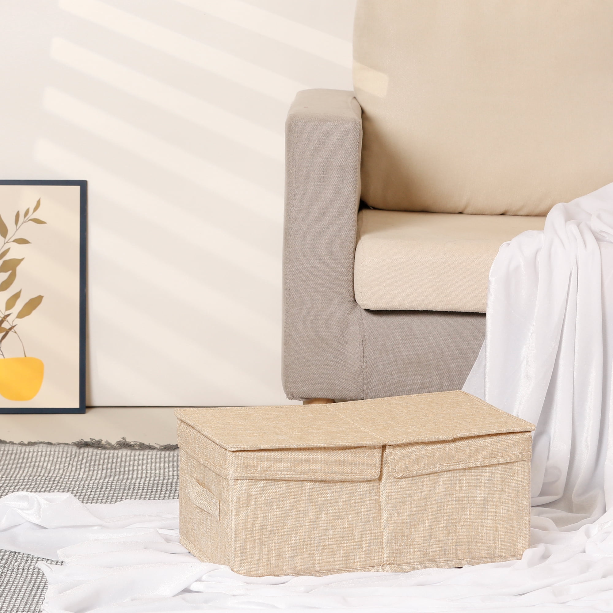 Unique Bargains Fabric Storage Bin Cube with Lid and Handle Beige 16*9.5*7in