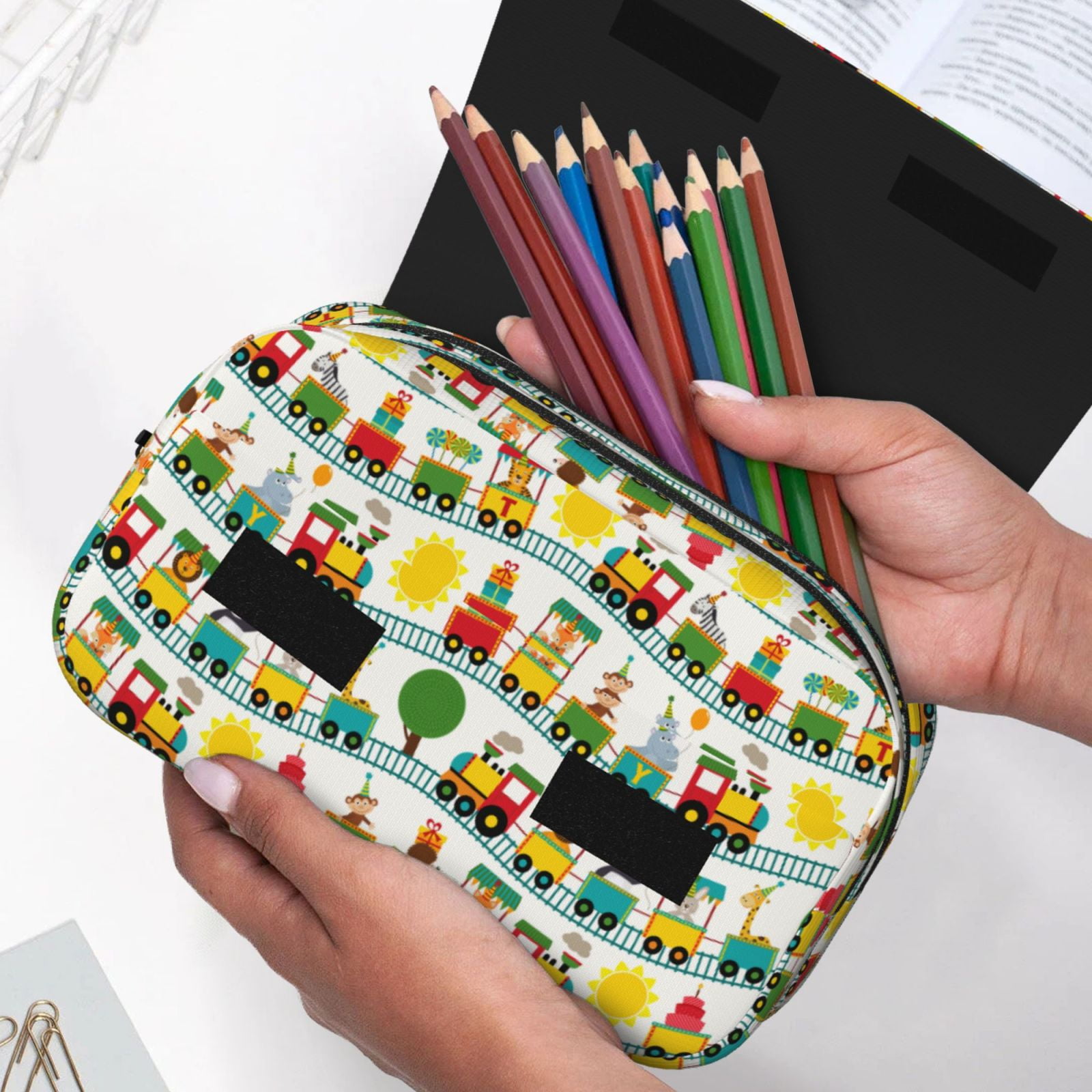 Rateoe Train With Animals Pattern Double Clamshell Pen Case, Storage Organizer with Two Zipper Compartments– Holds Up to 50 Pencils & Pens