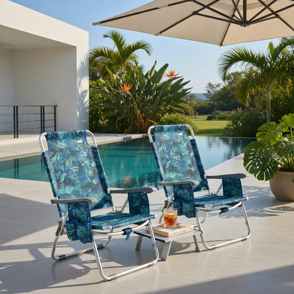 Hommoo 2-Pack Adjustable 5-Position Aluminum Beach Chair Set with Folding Side Table， Lightweight Portable Camping & Outdoor Reclining Chairs, Multicolor
