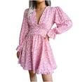 thumbnail image 2 of ClodeEU Womens Long Sleeves Chiffon Print Mini Dresse,V-Neck Pleated Spring Summer Dress Pink,Womens Plus XL, 2 of 5