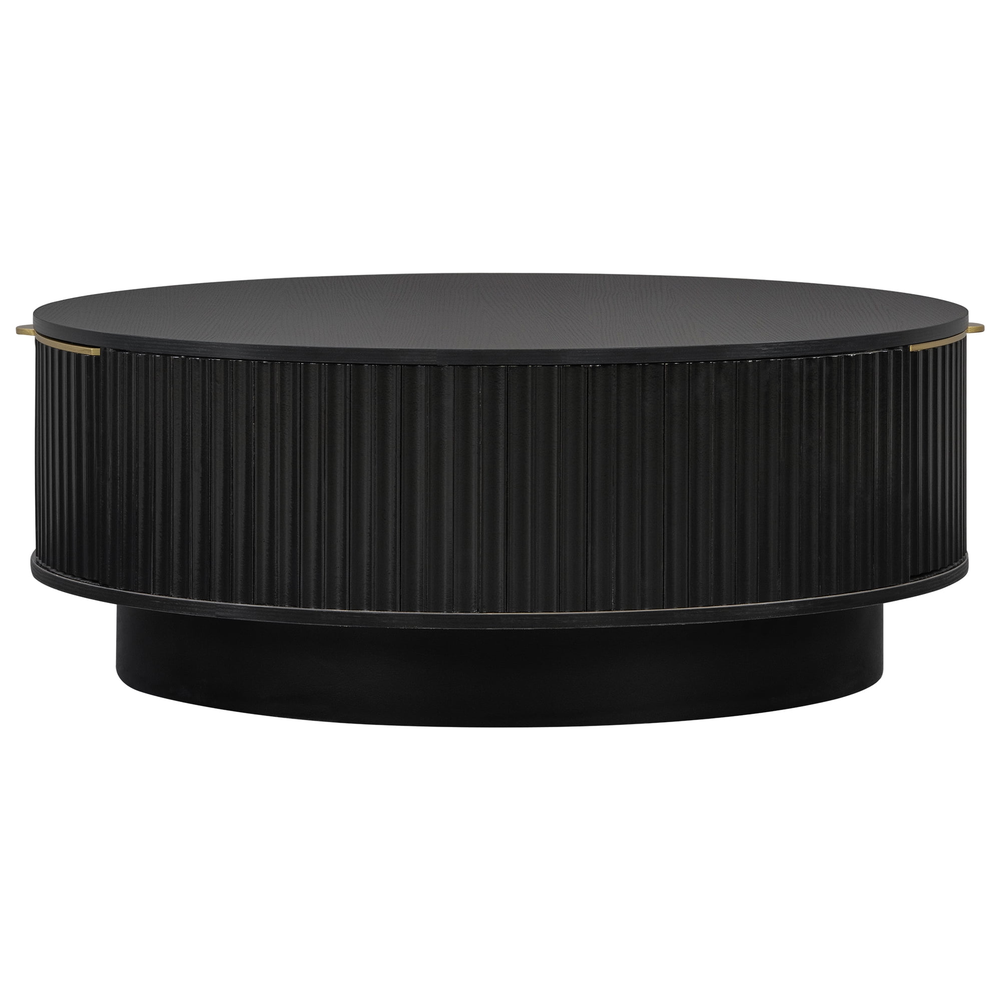 Leumius Round Coffee Table with Storage Drawer, Modern Fluted Coffee Table with Golden Handle, Wood Center Table for Living Room Black
