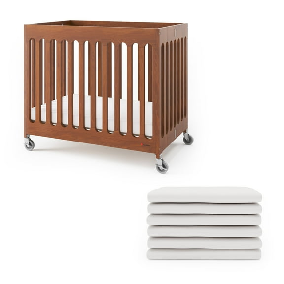 Foundations Boutique Folding Hotel Crib and Sheet Bundle - Includes Wooden Mini Crib with 3" Foam Mattress (Cherry) and 6-Pack White Fitted Compact Crib Sheets
