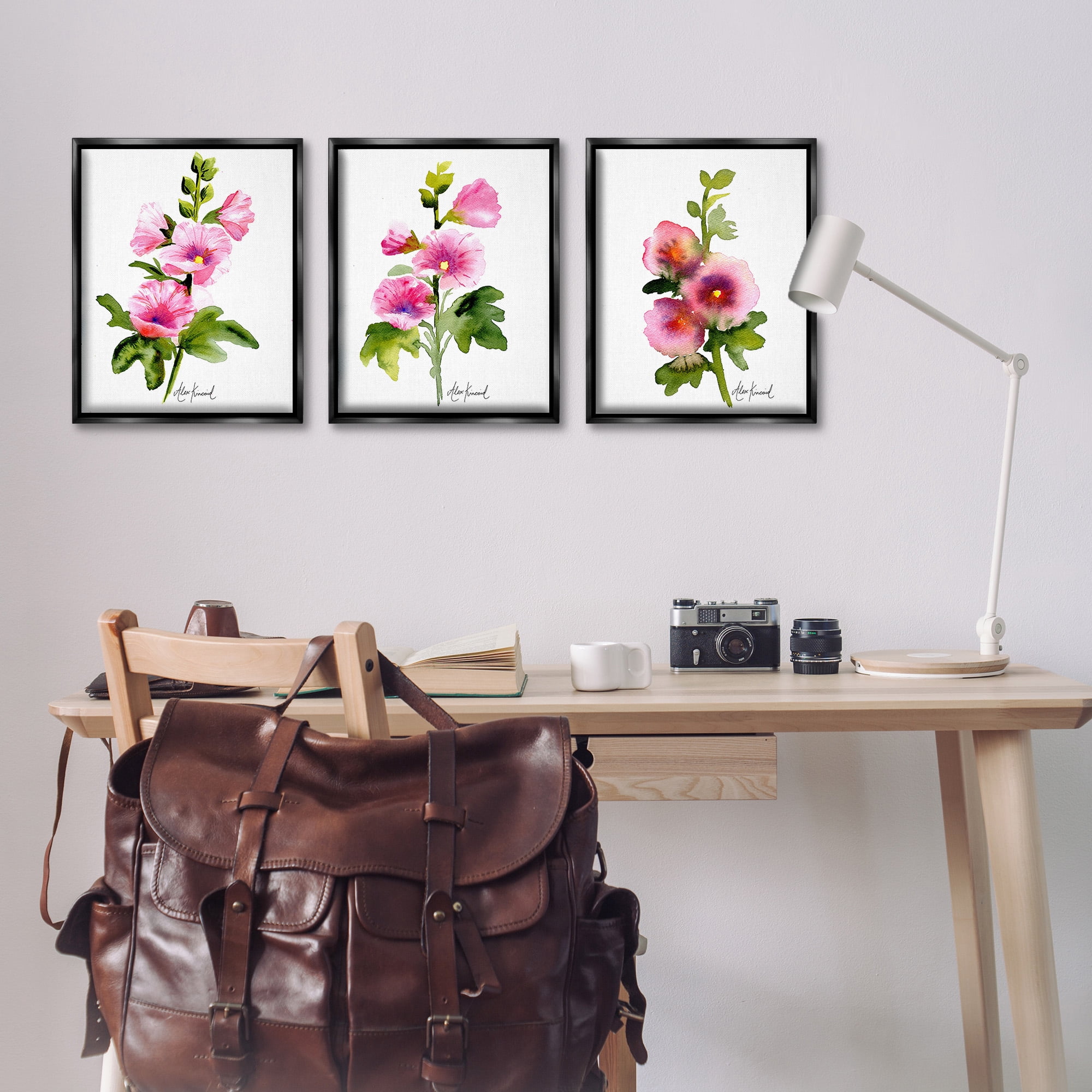 Stupell Industries Pink Flower Watercolors Botanical & Floral Painting Black Floater Framed Canvas Art Print Wall Art, 17 x 21, Set of 3