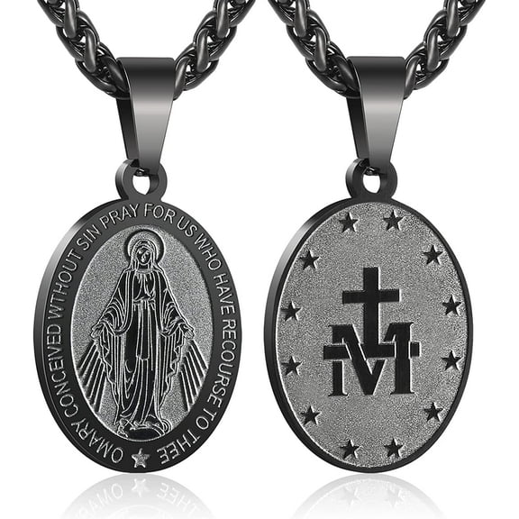 Duodiner Black 24in Virgin Mary Necklace for Men Miraculous Medal Stainless Steel Mary Mother of God Pendant De La Virgen Maria Medallion Holy Mary Charm