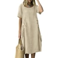 thumbnail image 4 of Women's Cotton Linen Crew Neck Midi Dress Short Sleeve Loose Casual Long Dress with Drawstring Waist Side Pockets Beige XXL(XXL), 4 of 6