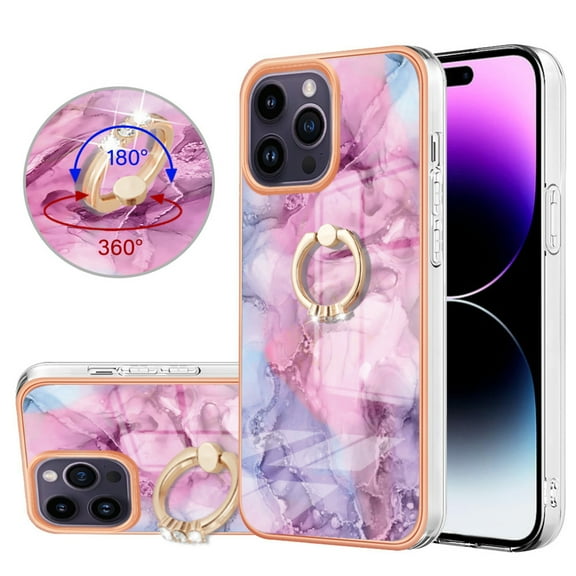 SaniMore for iPhone 14 Pro Max Case, Marble Pattern 3 in 1 Heavy Duty Shockproof Full Body Hard PC IMD Bumper Drop Protective Women Girls Cover Rotating Ring Bracket Stand for iPhone 14 Pro Max, Pink