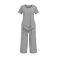 thumbnail image 4 of Costeam Womens Linen Textured 2 Piece Casual Outfits Crew Neck Short Sleeve Top Elastic Waist Capri Pants with Side Pockets Solid Color Loose Fit Lightweight Summer Daily Co Ord Set, 4 of 6