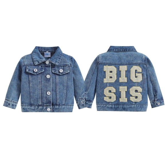 Toddler Baby Girl Jacket Back Big Sister Letter Embroidery Jean Jackets Long Sleeve Cardigan Button Denim Coat Kids Girls Fall Outwear, Blue, 3-4 Years
