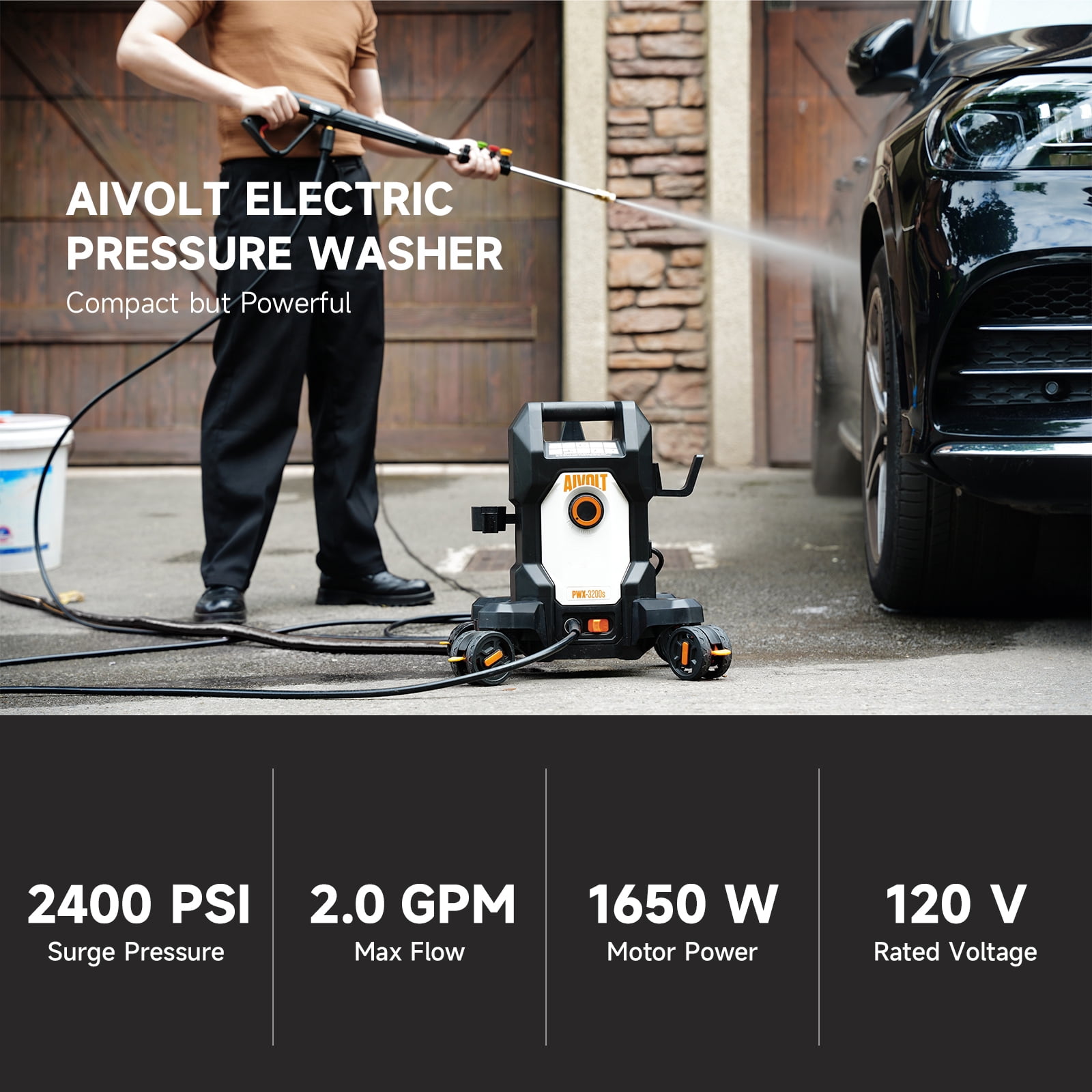 AIVOLT Corded Pressure Washer 2400 PSI, 2.0 GPM, 4 Nozzles, Soap Tank, Anti-Tipping, 36ft Cable, 25ft Hose Cold Water Power Washer
