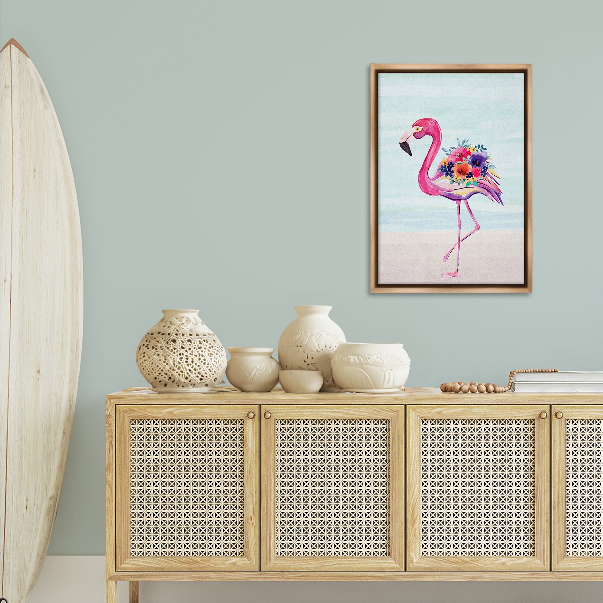 Stupell Industries Floral Flamingo Beach Plants & Flowers Painting Brown Floater Framed Canvas Art Print Wall Art, 21 x 31