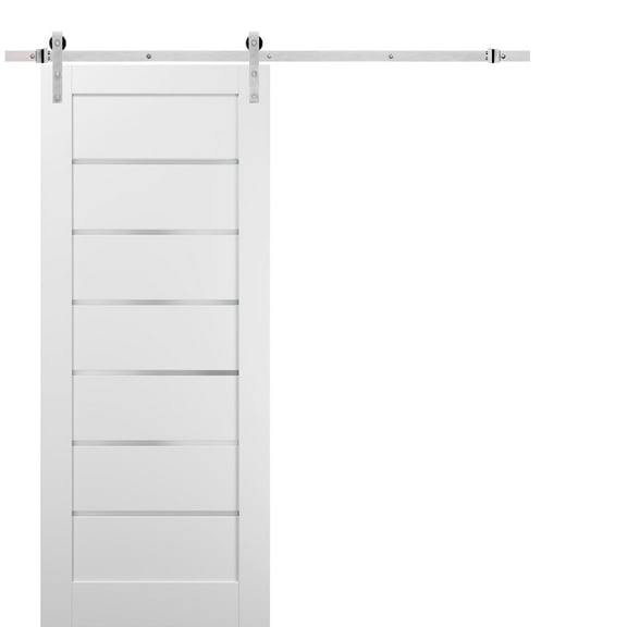 Sliding Barn Door 24 x 80 with Stainless Steel 6.6ft Hardware | Quadro 4117 White Silk with Frosted Opaque Glass | Top Mount Rail Hangers Sturdy Silver Set | Lite Wooden Solid Panel Interior Doors