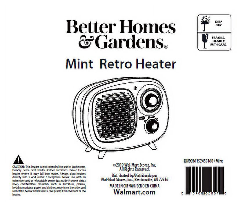 Better Homes & Gardens Electric Ceramic Retro Heater 1500W Indoor, Mint