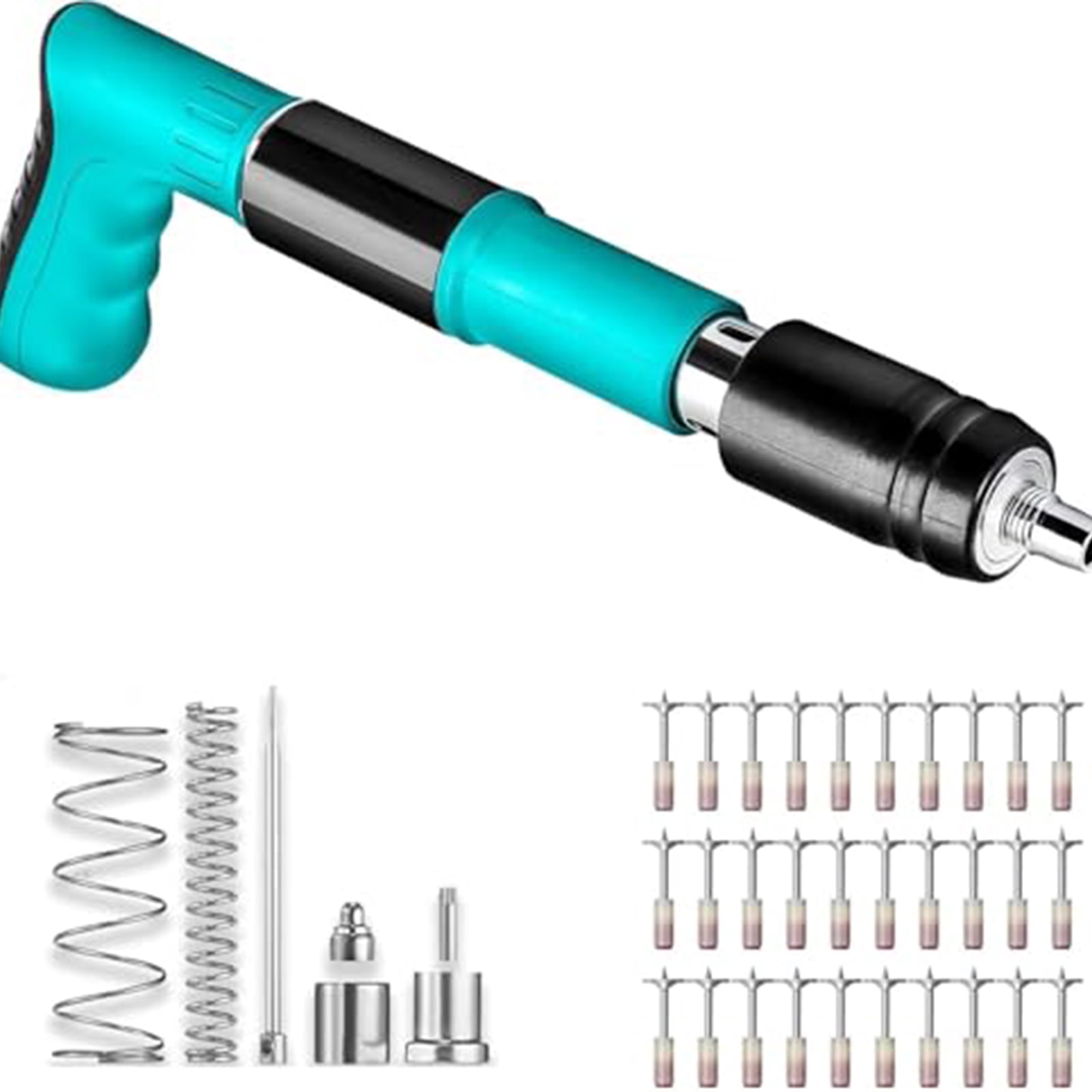 Cordless Nail Gun, Concrete Nail Gun, 50 Pack Steel Nails, Ergonomic Gun Grip, Mini Gun, Pin Nailer, Concrete Fasteners, 10 in Overall Length, 1 Set, Teal Black Finish, Wall