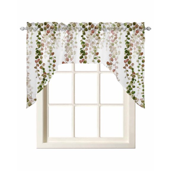 Green Pink Weeping Eucalyptus Swag Valances for Windows, Small Curtains Drapes, Spring Summer Farmhouse Leaves Kitchen Window Curtains Over Sink Window Treatment Valance for Bedroom/Bathroom 56"x36"