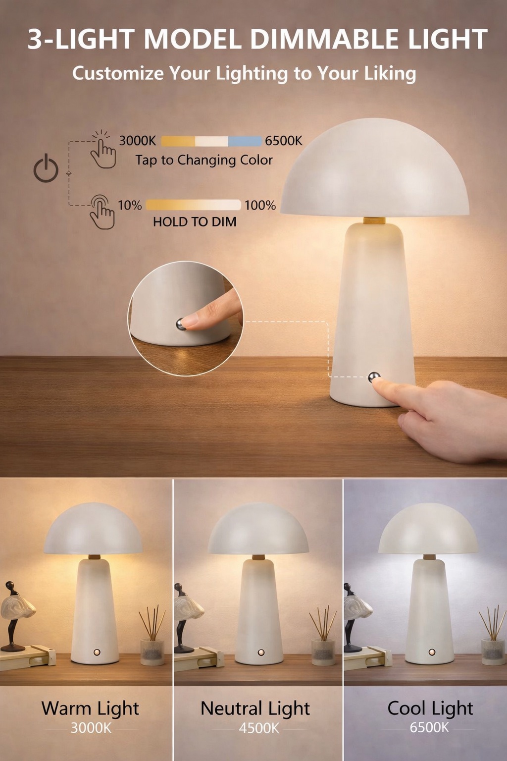 BETTER HOMES & GARDENS 9.5″ WHITE DOME RECHARGEABLE LED PORTABLE LAMP WITH DIMMABLE TOUCH SENSOR