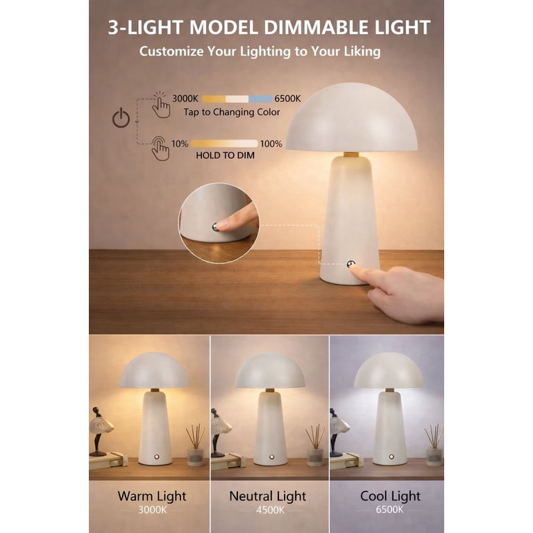 Better Homes & Gardens 9.5 in White Dome Rechargeable LED Portable Table Lamp with Dimmable Touch Sensor