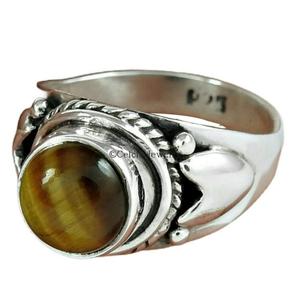 Natural Tiger Eye Gemstone Ring, Real 925 Sterling Silver Ring, Organic Ring, Cocktail Ring, Round Shape Ring, Proposal Ring, Solitaire Ring, Women Gift Ring, Mothers Day Gift Ring (tiger-eye, 7)