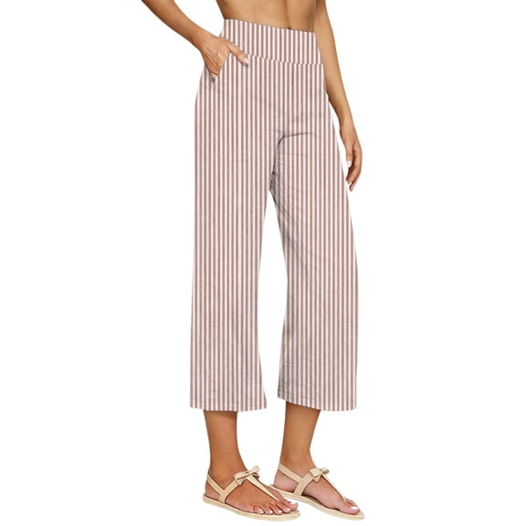 Pants for Women,Striped Linen Capri Pants for Women Flowy Wide Leg Capris Pant Summer Boho Dressy Casual Elastic Waist Beach Trousers