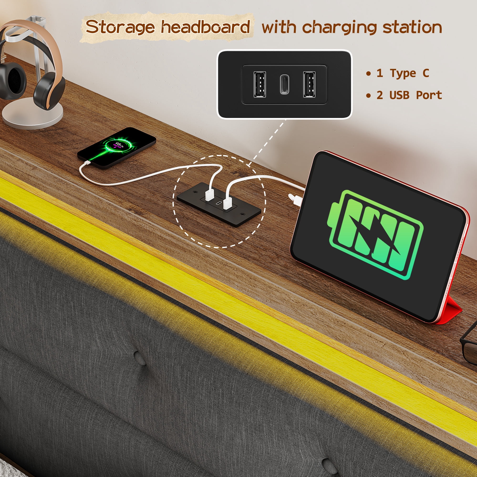 EnHomee Queen Bed Frame with LED Lights and Charging Station Upholstered Platform Bed with Headboard & Storage Shelf Sturdy Wood Qunne Size Bed Frame, No Box Spring Needed, Gray