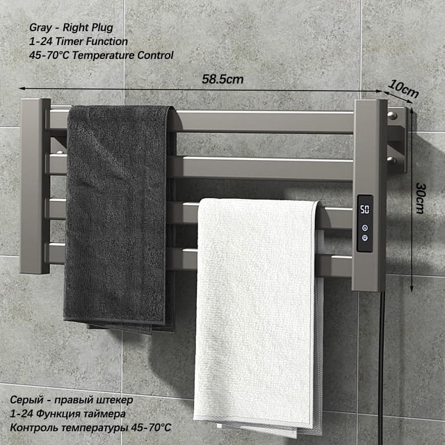 Accesorios de baño en blanco y negro, secador de toallas. Toallero eléctrico con pantalla táctil inteligente. Toallero eléctrico doméstico montado en la pared.
