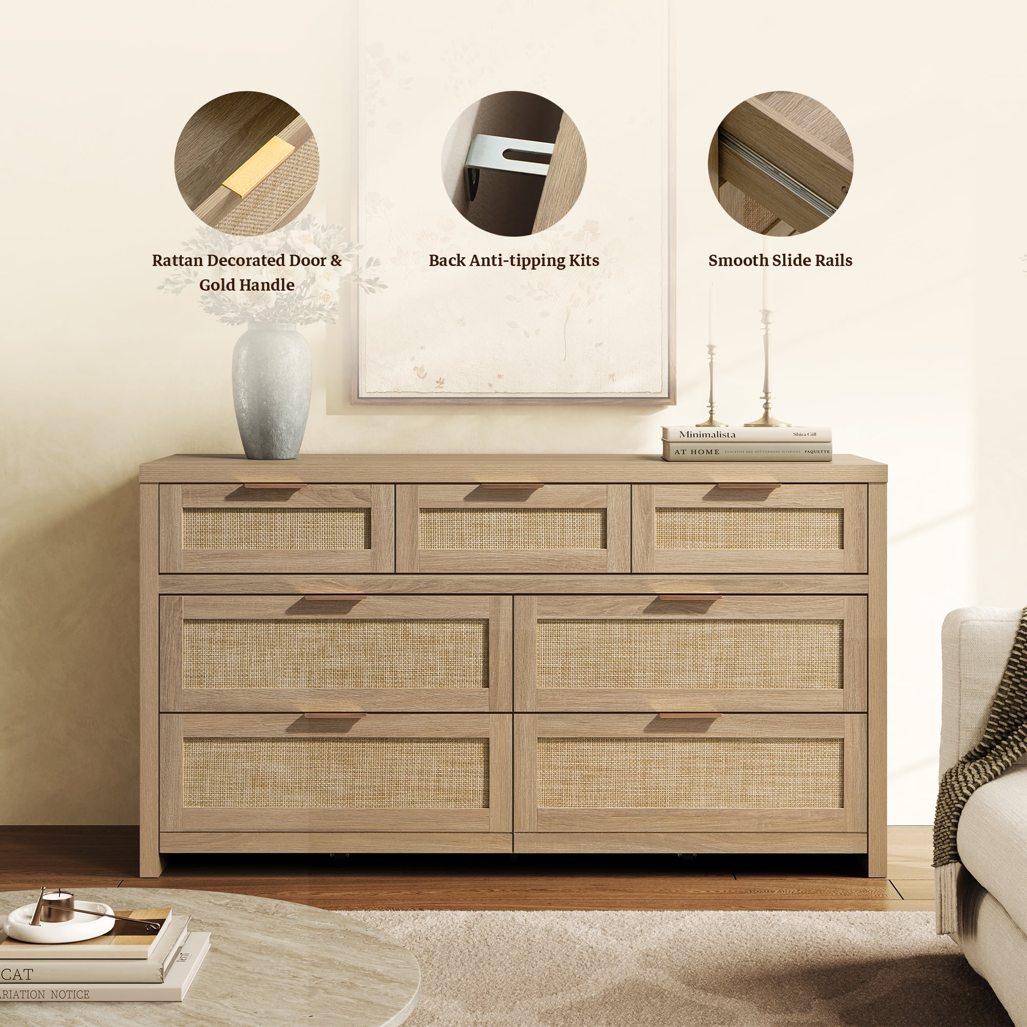 SICOTAS 56.88" Wide 7 Drawer Tall Dressers, Boho Dresser with Oversized Storage Space Rattan Dressers & Chests of Drawer Engineered Wooden Dressers for Bedroom,Reclaimed Light Oak