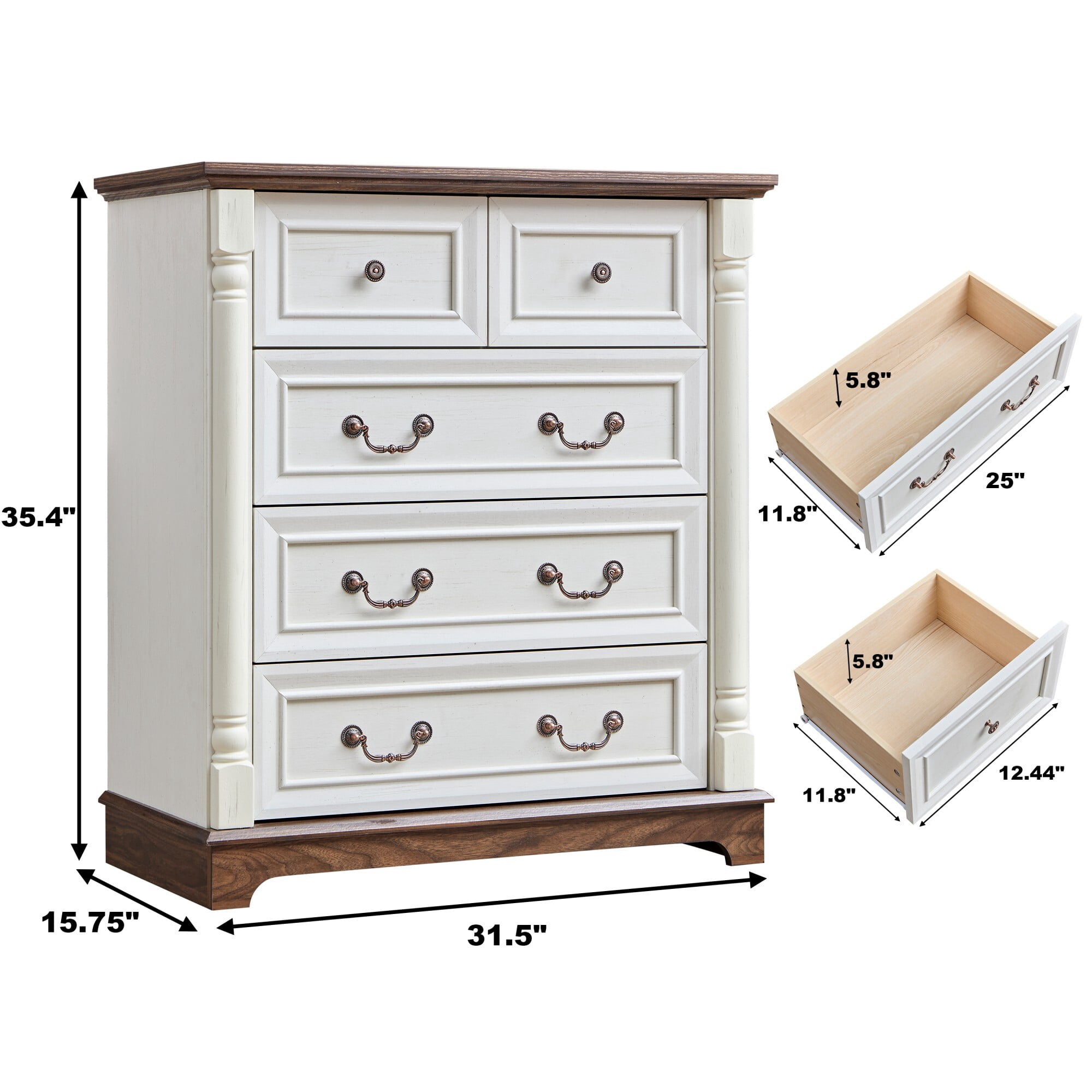 DEALTOPS 5-Drawer Farmhouse Dresser, Vertical Storage Chest with Solid Wood Columns, Shabby Chic Cabinet, White