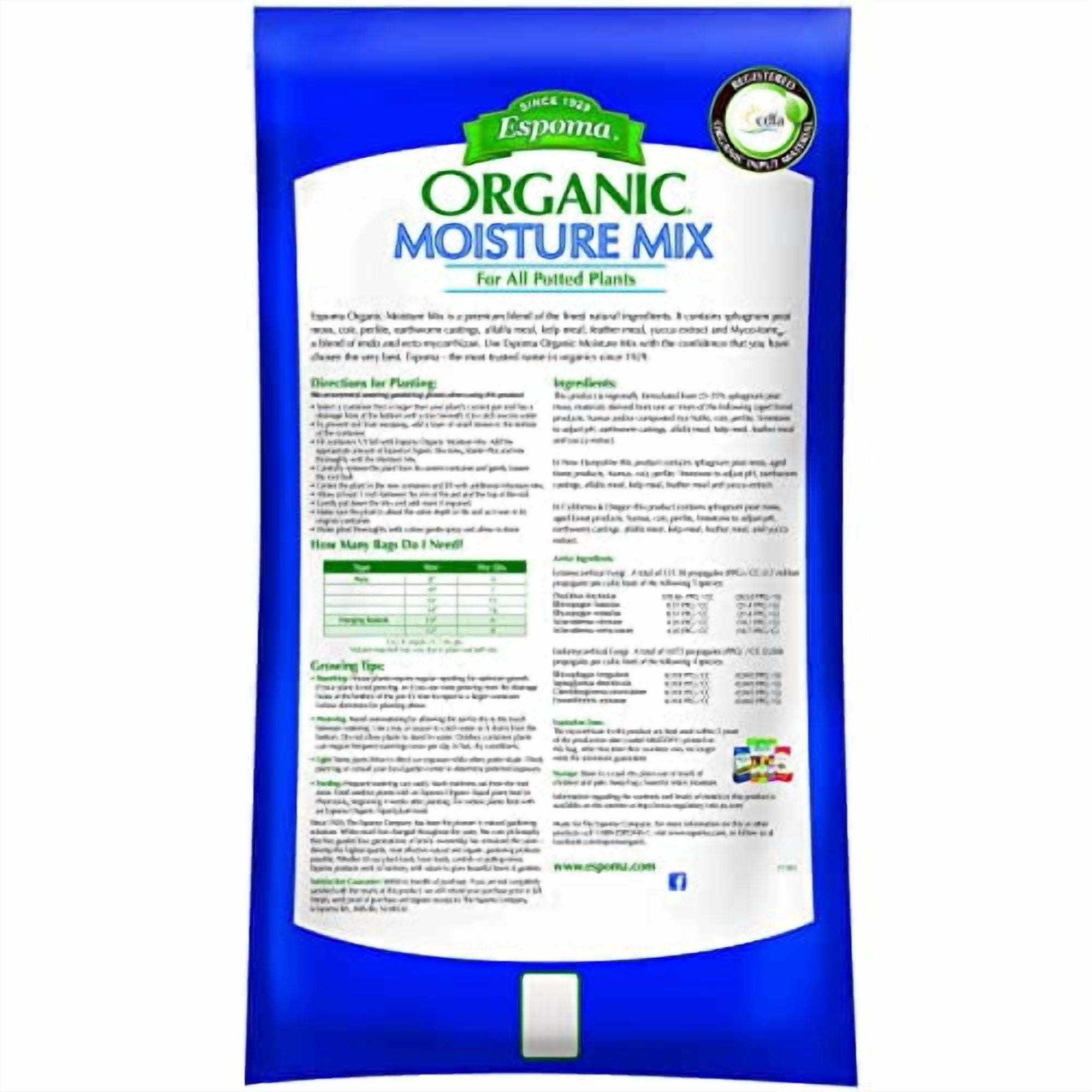 Espoma Organic Moisture Mix Potting Soil - All Natural Potting Mix For All Indoor & Outdoor Containers For Organic Gardening, 1 cubic foot bag. Pack of1