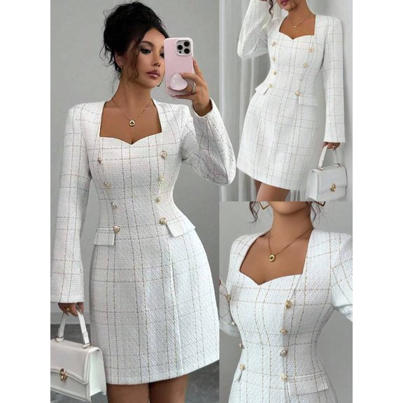 White Tweed Sweetheart Neck Long Sleeve Tailored Short Dress For Women