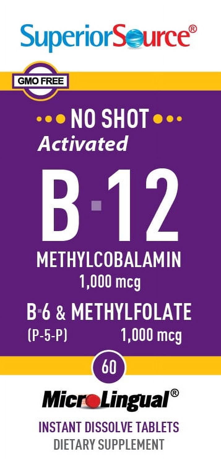 Superior Source No Shot Vitamin B-12 Methylcobalamin 1000 mcg, B-6, & Methylfolate 1000 mcg - Supports Energy, Brain, and Heart Health - Bariatric Friendly - 60 Sublingual Dissolving Tablets