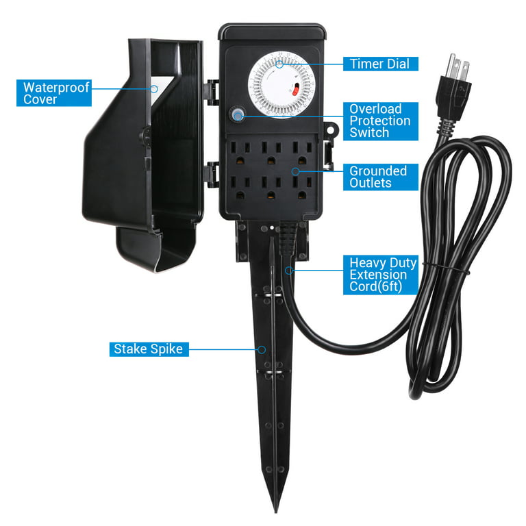 BN-LINK Outdoor Power Strip Yard Stake Timer 6 Grounded Outlets