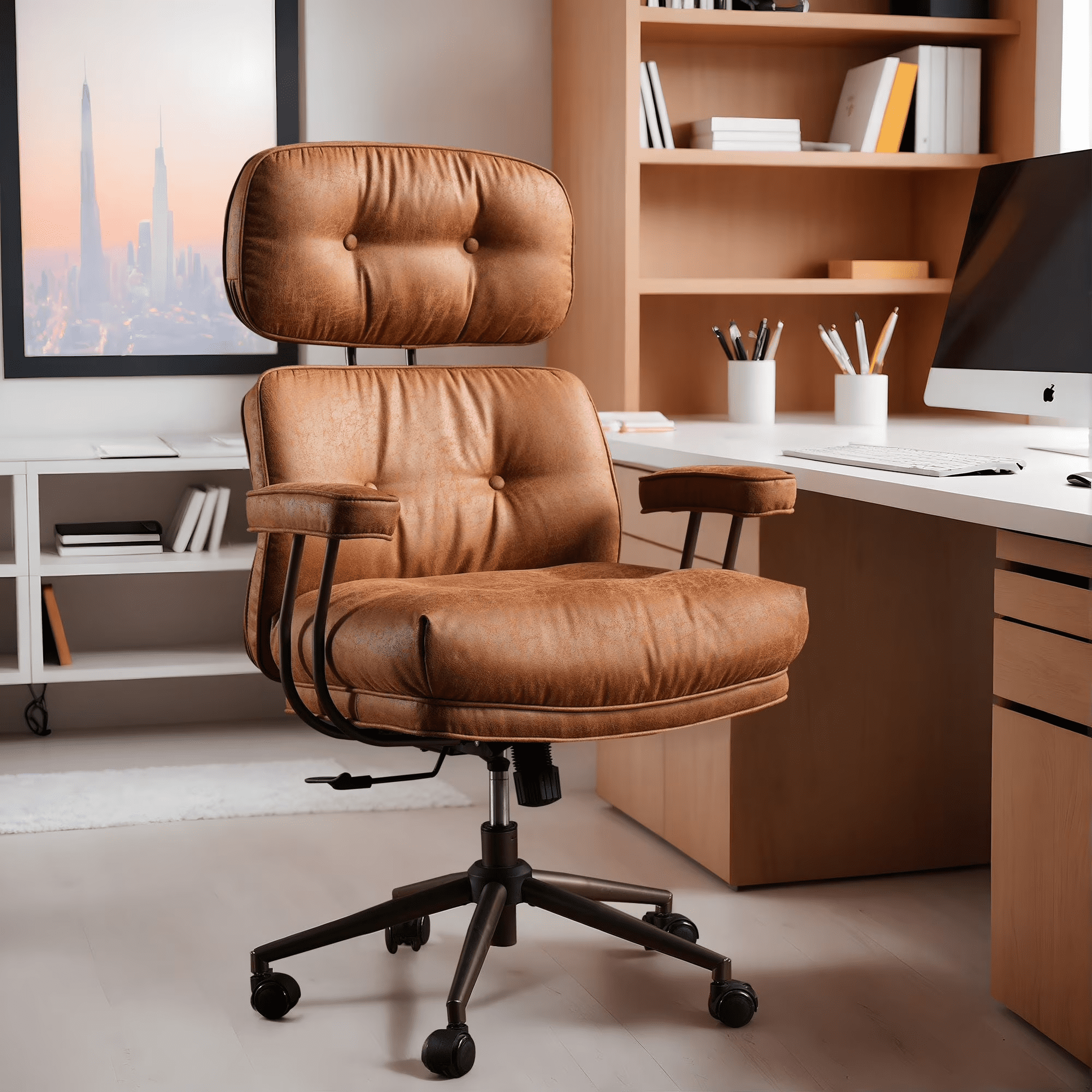 Vcatnet Ergonomic Executive Office Chair, High Back Computer Chair with Lumbar Support, Suede Leather Mid-Century Modern Adjustable Home Office Desk Chair, Brown