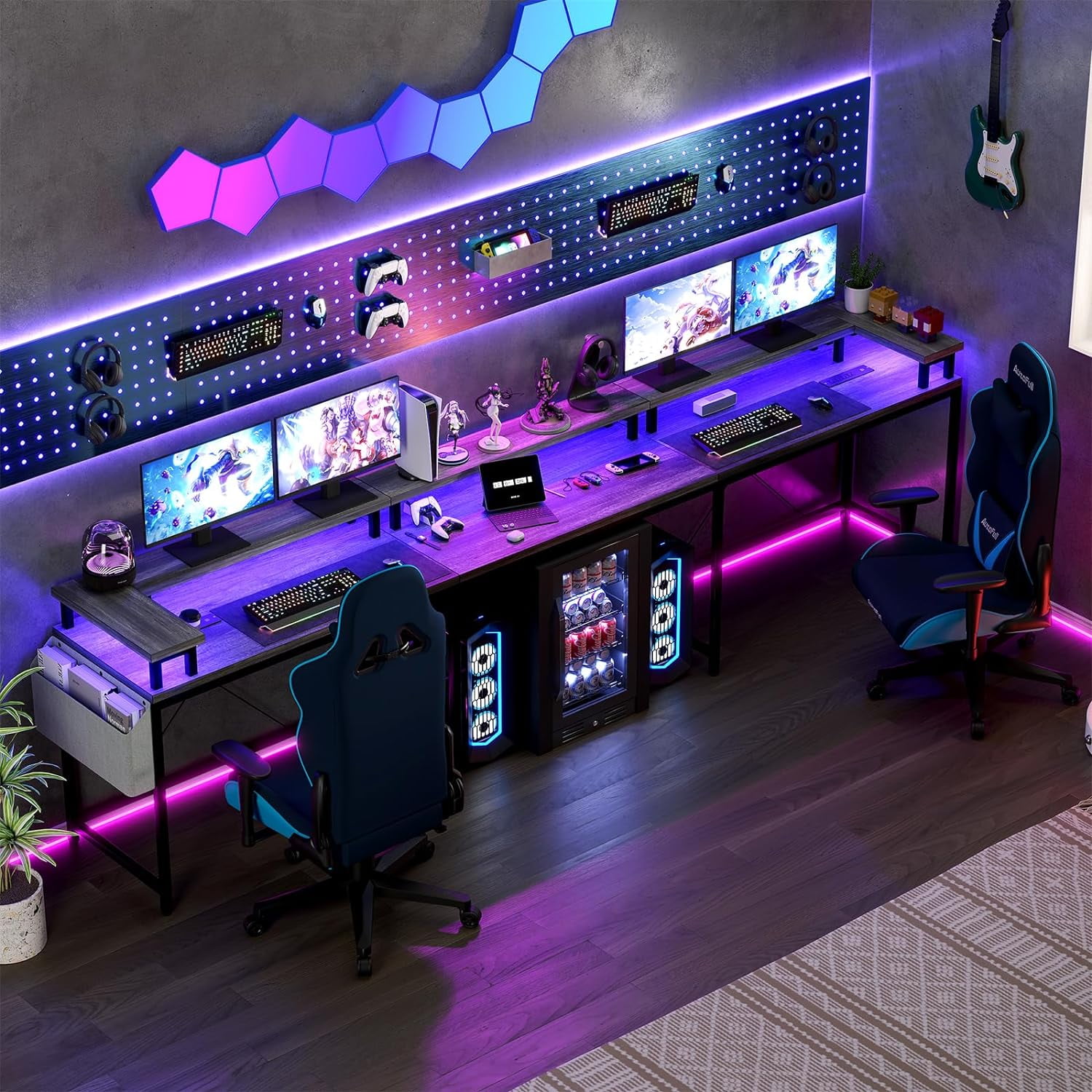 U Shaped Desk with Power Outlets & LED Lights, 79" Reversible L Shaped Desk, Corner Computer Desk Office Desk with Full Monitor Stand, Oak