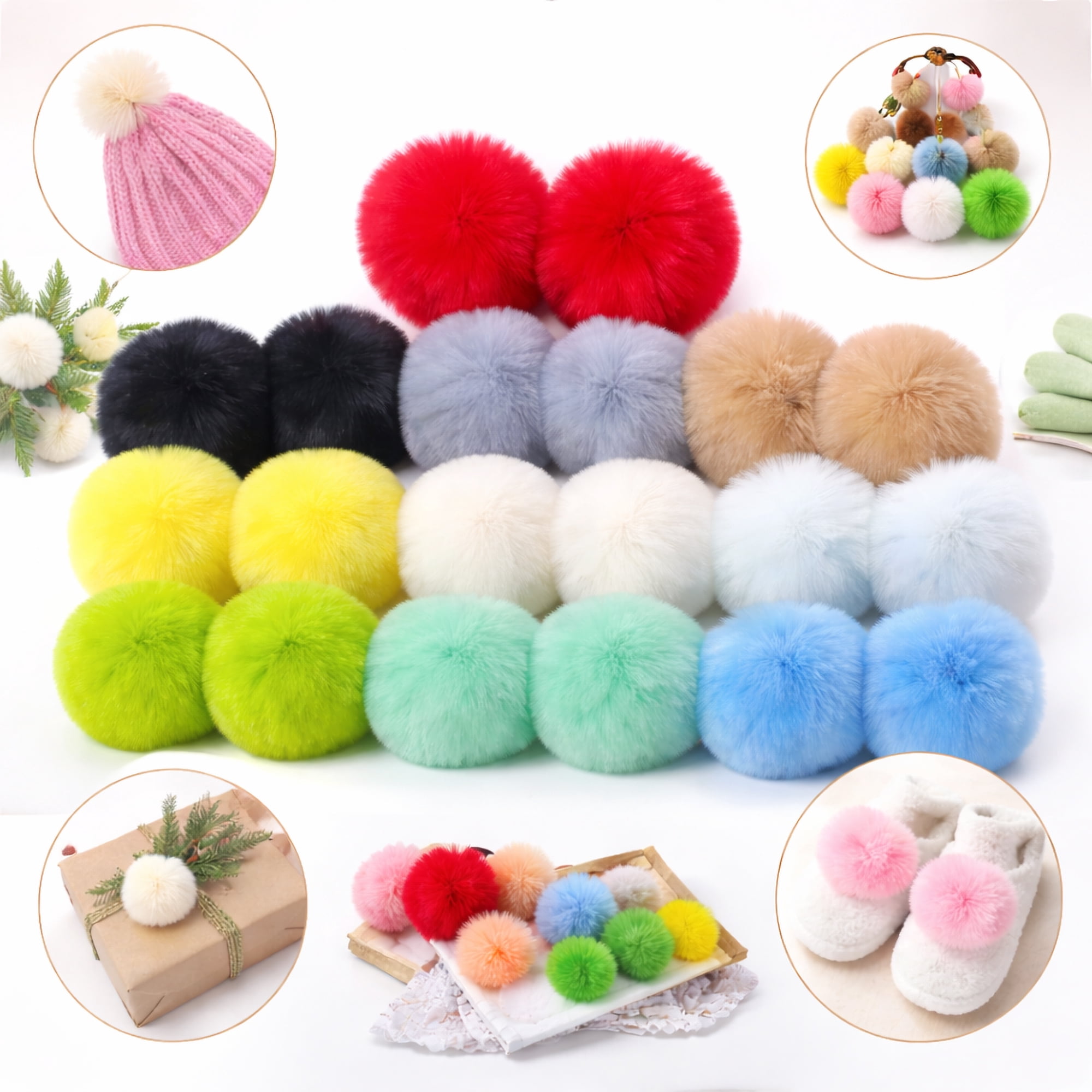 100pcs Faux Fur Pom Poms Balls with Elastic Loop, 2.4 Inch (6cm) Fluffy DIY Pompoms for Keychain, Hats, Shoes, Scarves and Bag Accessories, 10 Colors (10pcs Per Color)