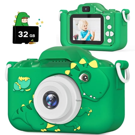 RUVINCE 1080P HD Selfie Digital Camera Toy Kids Dinosaur Camera, Green, Ages 3-12