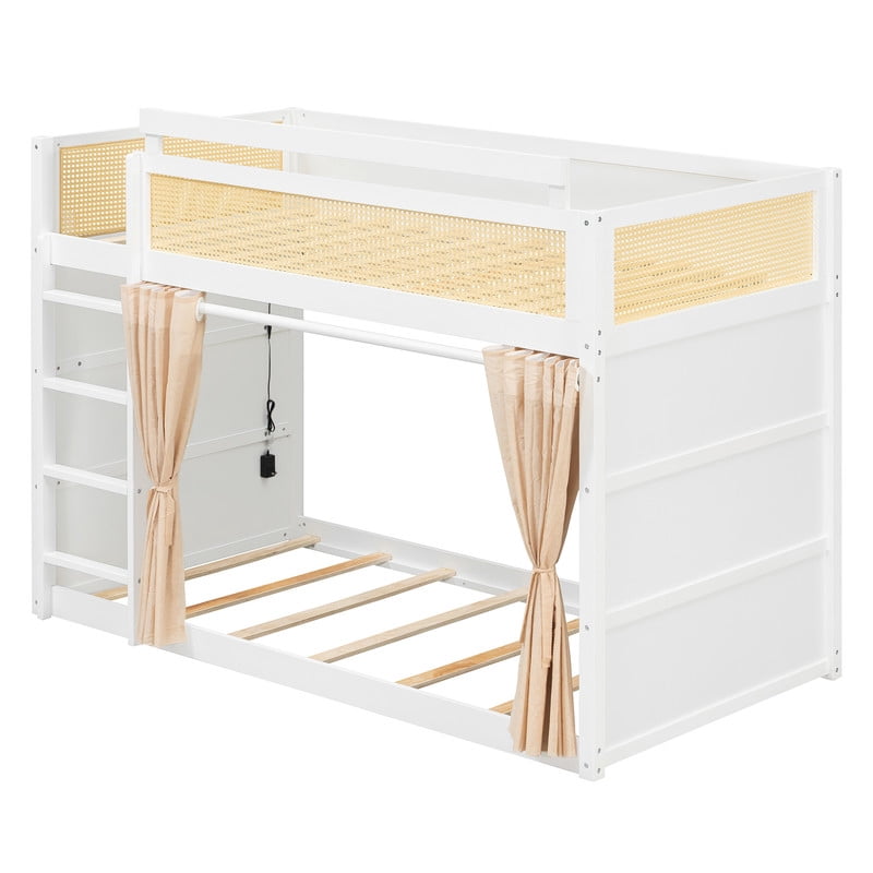 Twin Size Bunk Bed with 3-Tier Storage Shelf, Rattan-Style Design, Privacy Curtains and Built-In Light Strip, Modern Wood Twin Over Twin Bunk Bed Frame with Ladder for Kids Teens