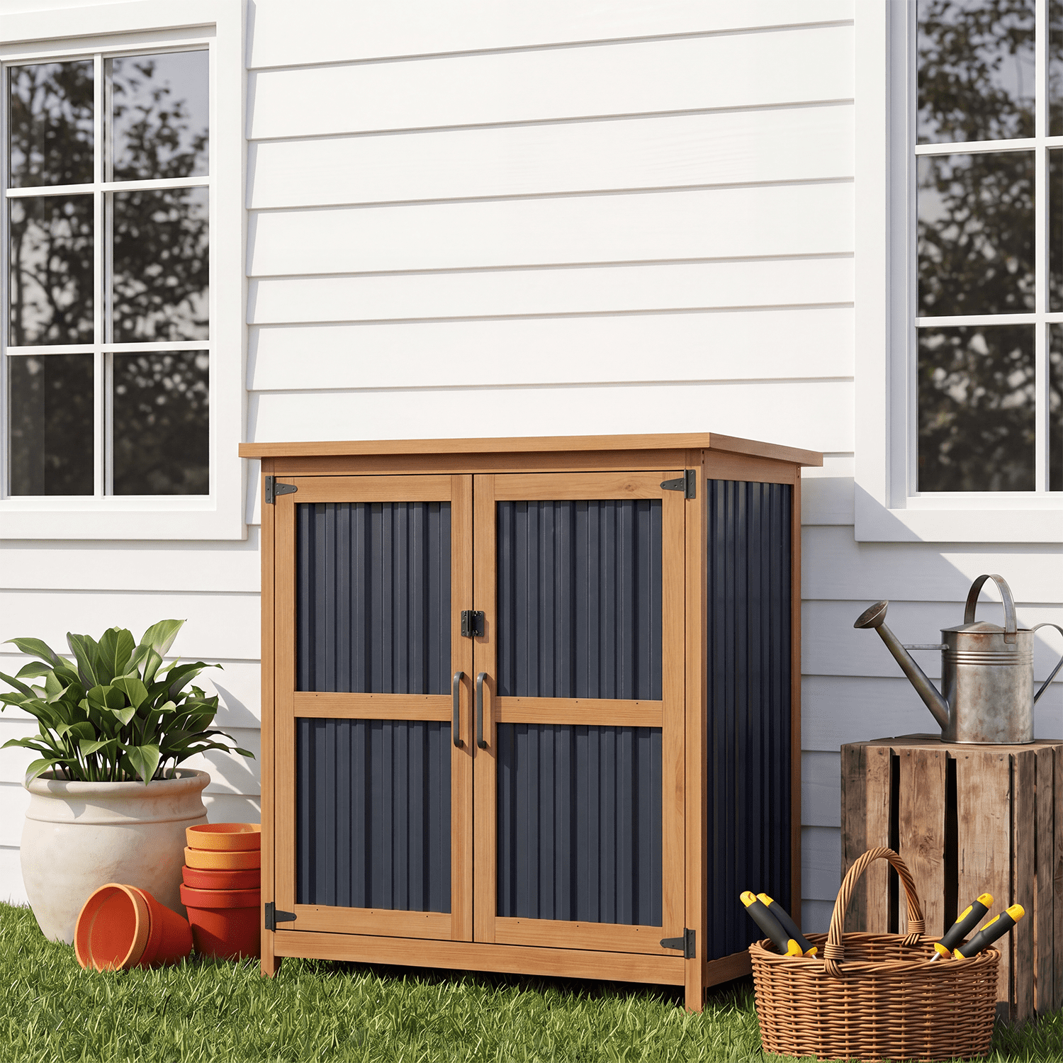 BaPiPro Outdoor Storage Cabinet, 2.6'x1.1' Wood Storage Shed with Lockable Doors, Waterproof Garden Tool Cabinet with Removable Shelf for Patio, Backyard