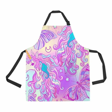 

PKQWTM Unicorn butterfly rainbow star and love heart Unisex Adjustable Bib Apron with Pockets for Commercial Restaurant and Home Kitchen Use