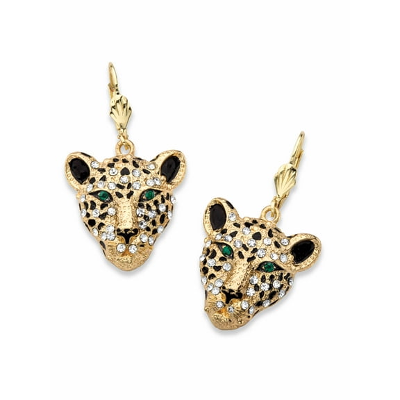 PalmBeach Jewelry White Crystal Leopard Face Drop Earrings with Green Crystal Accents in Goldtone