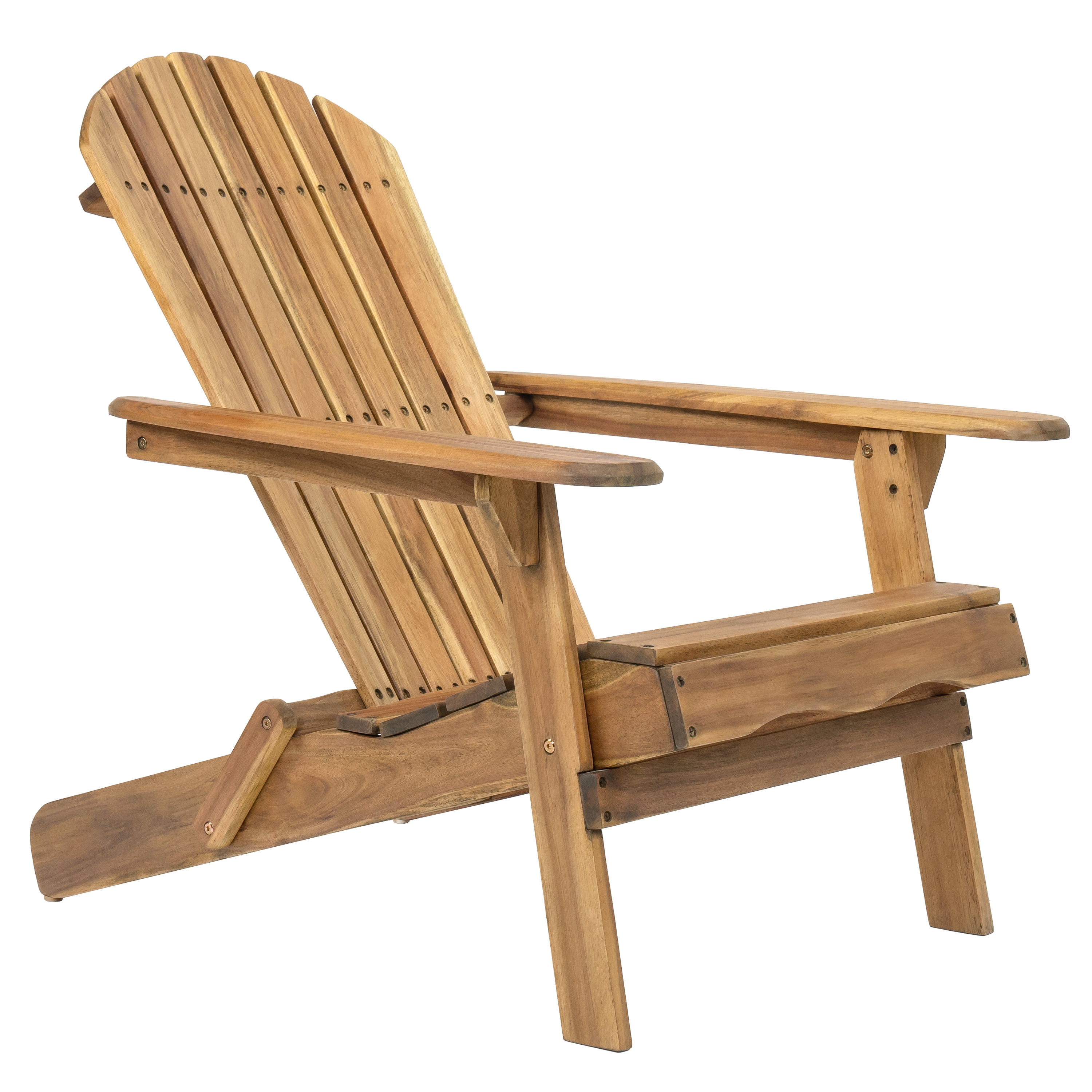 Folding Adirondack Chair, Teak Finish Acacia Wood Outdoor Lounge Chair with Slatted Back and Wide Armrests, Foldable Fire Pit Chair for Patio Garden Backyard Relaxation