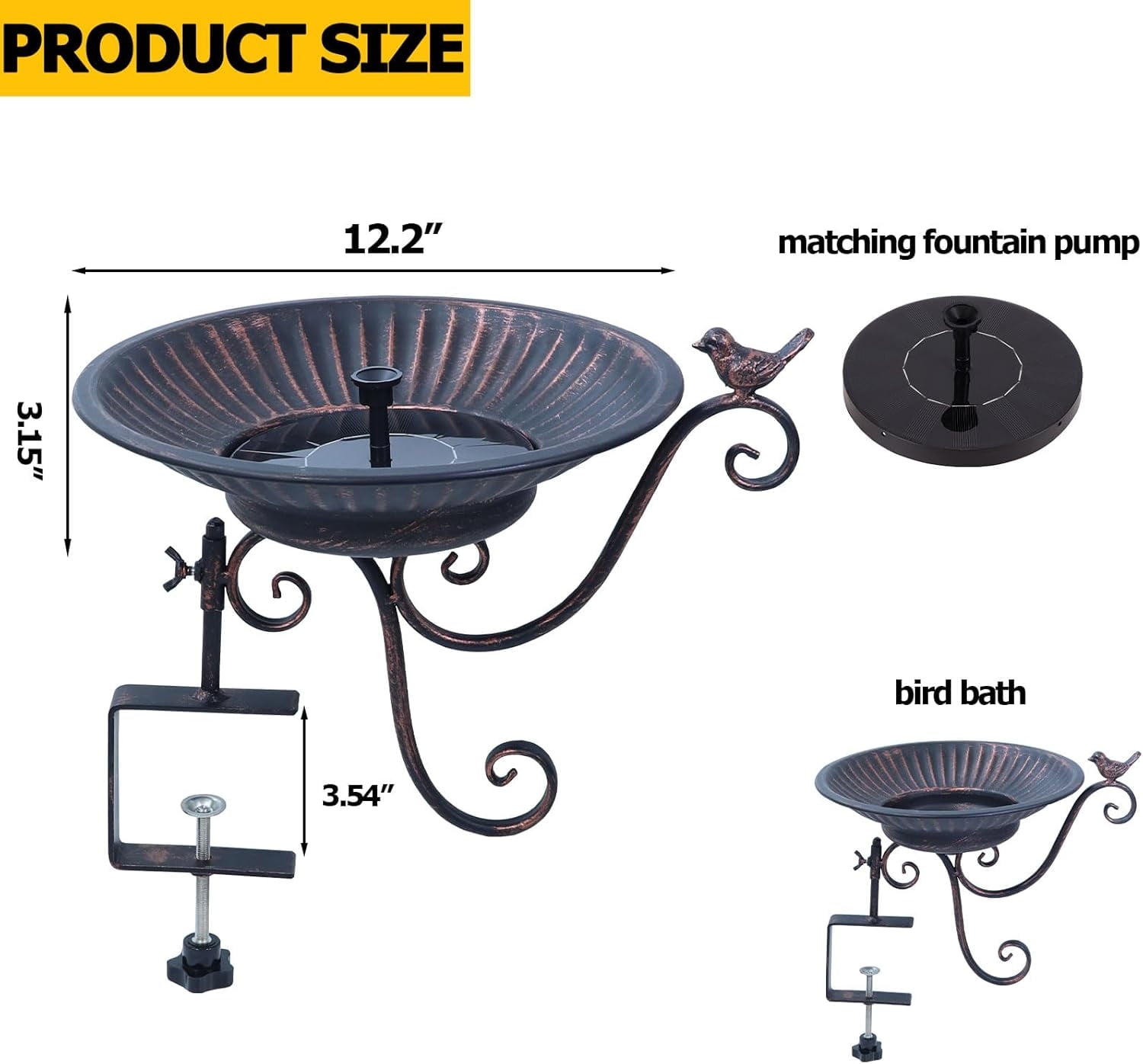 Solar Bird Bath,Deck Bird Bath with Solar Fountain,Metal Bird Bath Bubbler,Deck Mounted Bird Bath,Adjustable Sturdy Balcony Bird Bath,Patio Garden Decor（Bronze）
