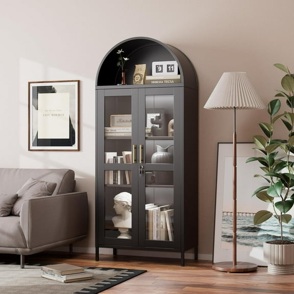 OCHAPA Modern Arch Display Cabinet with LED Lights, Glass Door Bookcase Pantry Storage for Kitchen, Living Room, Black