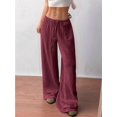 thumbnail image 5 of Wide Leg Pants for Women Flowy Palazzo Drawstring Elastic Waist Trousers Beach Vacation Clothes Wine Red 4XL, 5 of 9