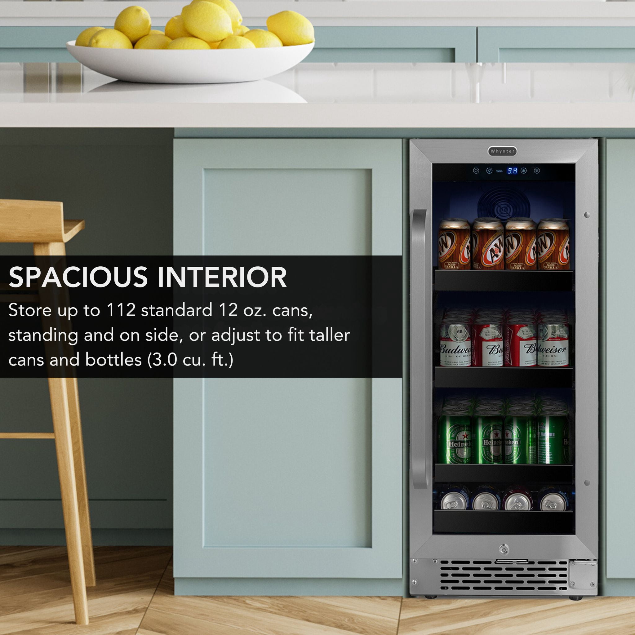 Whynter BBR-838SB 15 Inch Built-In 80-Can Beverage Refrigerator, Reversible Glass Door, Lock, Carbon Filter