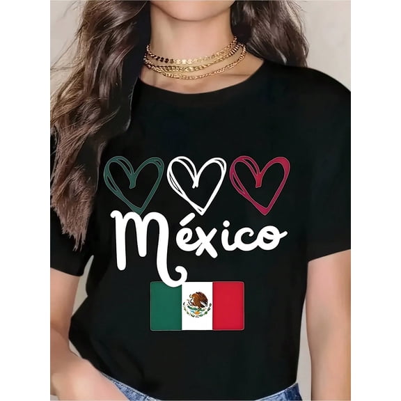 Mexico Hearts Flag T-Shirt For Women - Mexican Pride Graphic Tee - Casual Crewneck Top With Patriotic Design