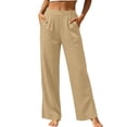 thumbnail image 2 of Linen Cotton Casual Pants For Women With Pockets Solid Weekend Wear Home Lounge Summer Casual Comfort Outdoor Walks Easy Movement Relaxed Workday And Weekend Outfits Khaki M, 2 of 8