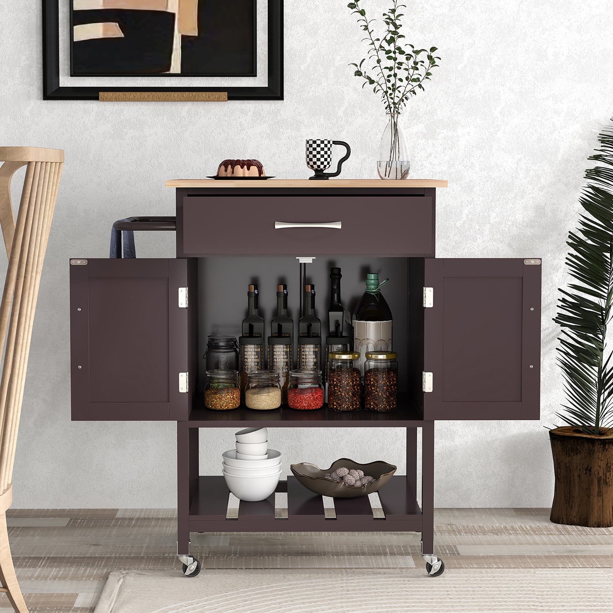 Gymax Rolling Kitchen Island Cart w/ Drawer 2-Door Storage Cabinet Bottom Tray Brown