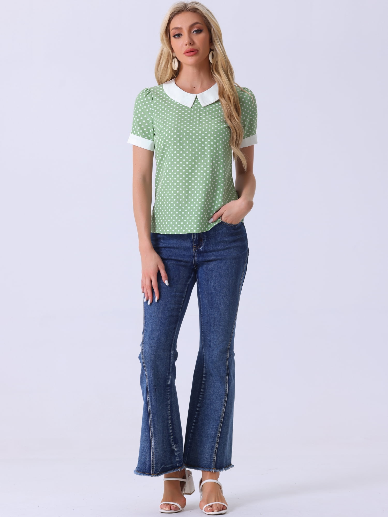 DARING DIVA Women's Peter Pan Collar Polka Dots Short Sleeve Tops XS Dusty Green